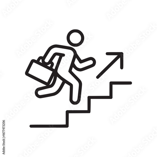 A minimalist line art illustration of a person climbing stairs with a briefcase and upward arrow