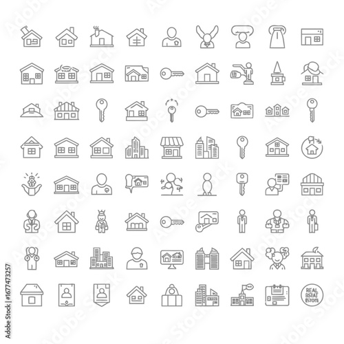 A comprehensive collection of line art icons representing various aspects of real estate and property.
