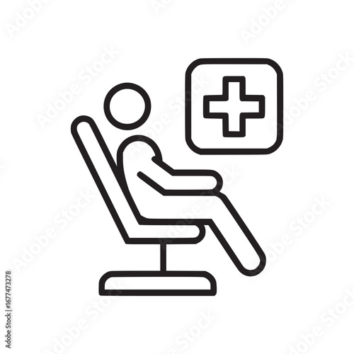 Outline icon of person sitting in chair with medical cross symbol on white background illustration
