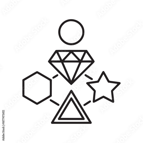 Outline drawing of a circle above a diamond connected to other shapes in a network design on white