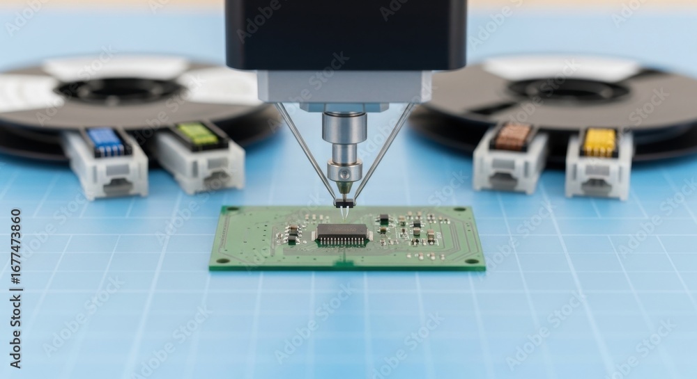 Fototapeta premium Automated machine assembling electronic components on a circuit board
