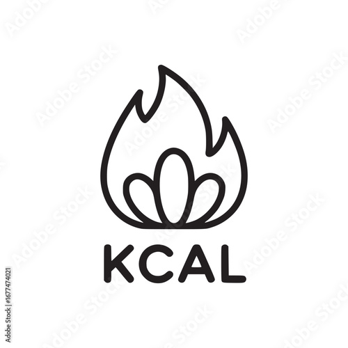 A black and white illustration of a kcal symbol with a flame above the letters on white background