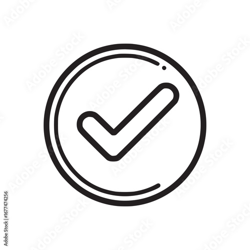 A simple black and white illustration of a check mark inside of a double lined circle graphic