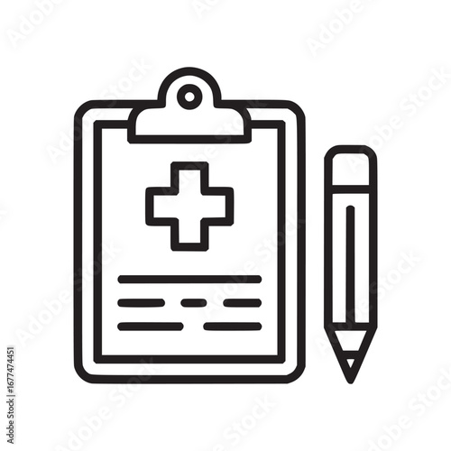 A clipboard with a medical cross and lines next to a pencil in a black and white line drawing style