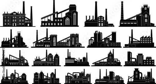 Collection of industrial factory building silhouettes with chimneys, vintage architecture, urban manufacturing plants, black vector illustration for design projects