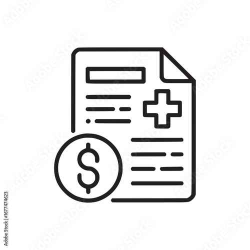 Illustration of medical bill with dollar sign and plus symbol on a white background design icon