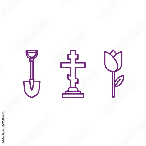 Line art icons of a shovel, cross, and tulip, representing funeral or burial imagery.