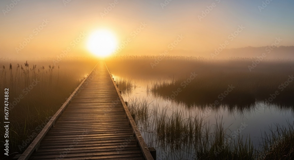Naklejka premium A wooden boardwalk through a marsh at sunrise with fog and golden light
