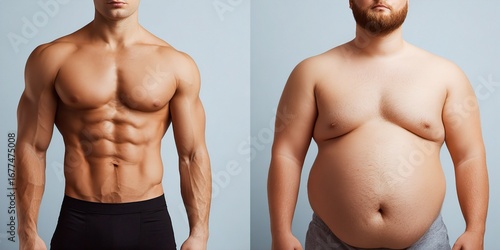 Striking Visual Contrast Between a Muscular, Fit Male Physique with Sculpted Abs and an Overweight Mans Body, Representing Fitness and Health Transformation.