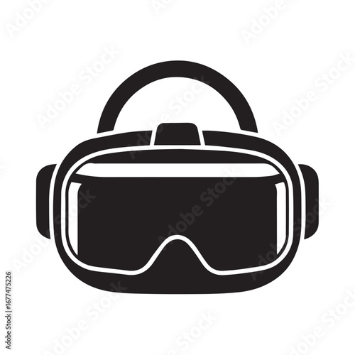 Black silhouette of virtual reality vr goggles with a wide lens and strap, isolated on white background technology background