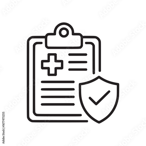 A clipboard with a plus sign and lines next to a shield with a check mark on a white background