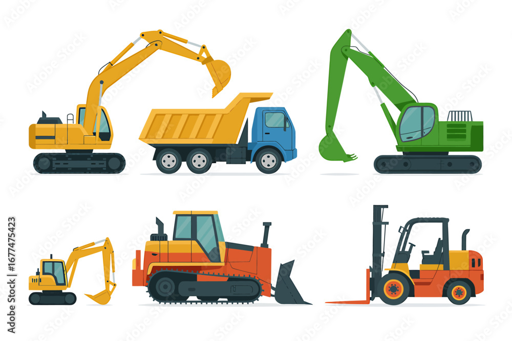 Construction Vehicle Set Excavators, Dump Truck, Bulldozer, and Forklift in Vector Illustration Construction Vehicle Set Excavators, Dump Truck, Bulldozer, and Forklift in Vector Illustration
