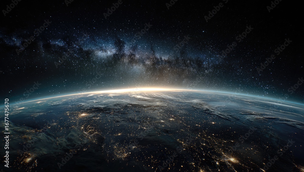 Obraz premium Earth at dawn from space, with Milky Way