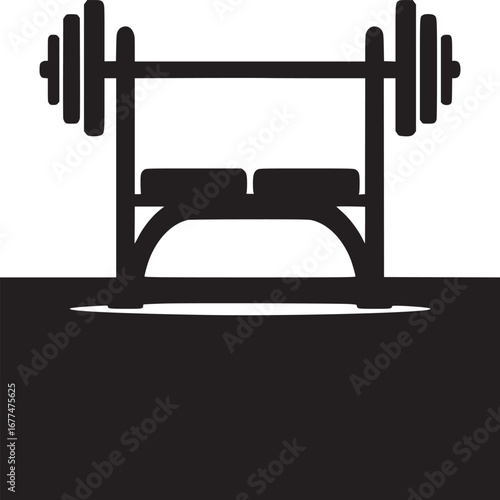 A minimalist silhouette of a weight bench with barbell and weights against a white background