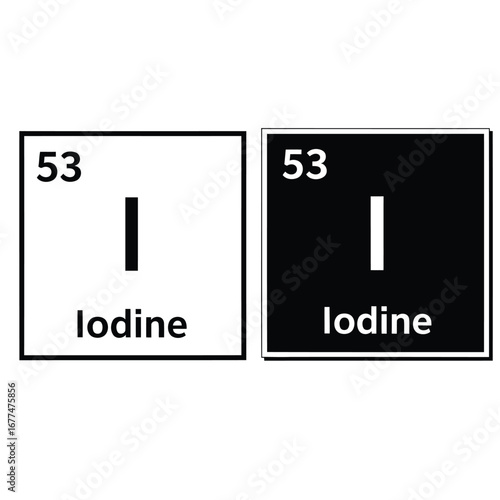 Iodine element symbol in periodic table, with atomic number 53, in two versions.