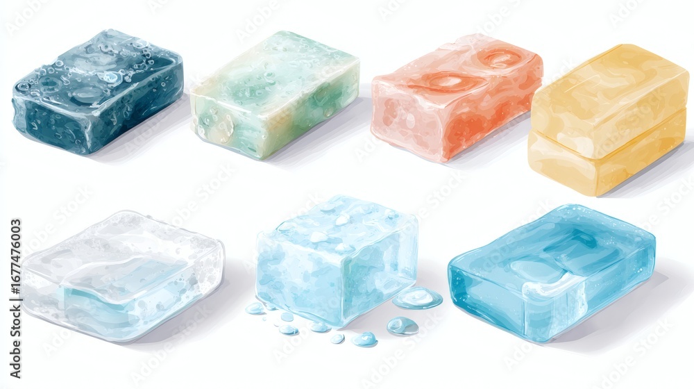 Obraz premium A collection of colorful ice cubes in various shapes and sizes, some melting with water droplets, showcasing a range of colors including blue, green, orange, and clear