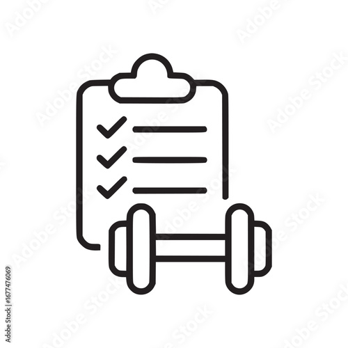 Minimalist outline icon of a clipboard with checkmarks and a dumbbell for fitness tracking concept