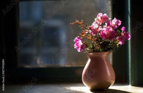 Wallpaper Mural Pink alstroemeria flowers in vase by window with natural light Torontodigital.ca