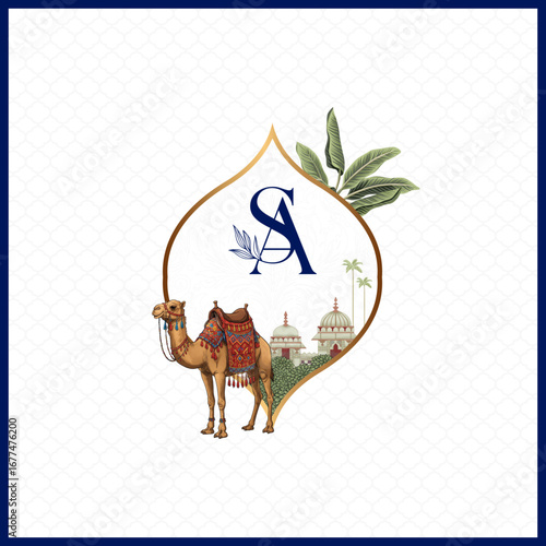 Elegant Indian wedding logo with decorated camel, palace backdrop, and royal ethnic touch. Perfect for invitations, events, and luxury branding.