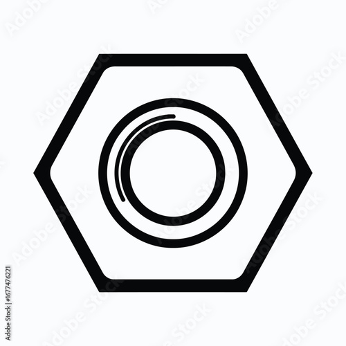 Black and white line art illustration of a hexagonal nut with concentric circles inside, representing a mechanical fastener.