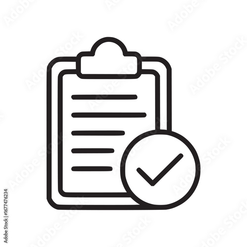 Illustration of a clipboard with horizontal lines and a check mark in a circle on a white background