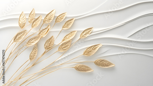 Gracefully arranged goldenoat ears with fine detailig, positioned on a bright hite background, emphasizig their soft curves.