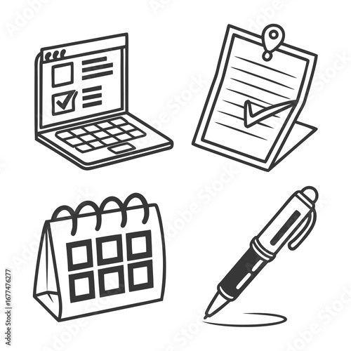 Business tools with laptop, checklist, calendar, and pen