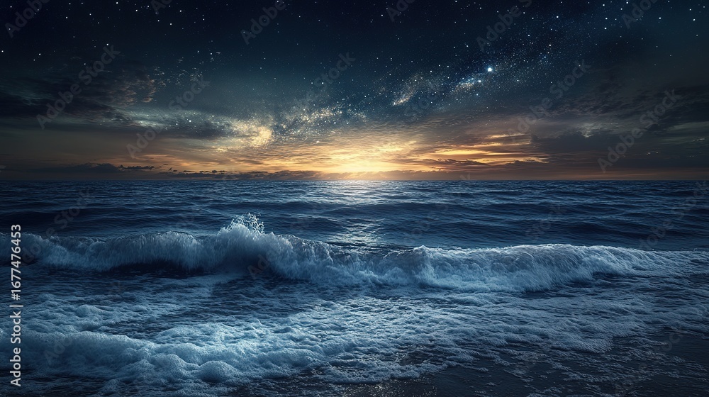 Fototapeta premium Night ocean with countless stars above soft glow reflex