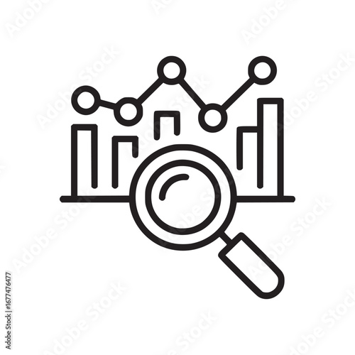A line drawing of a graph with bars and a magnifying glass on a white background showing analysis