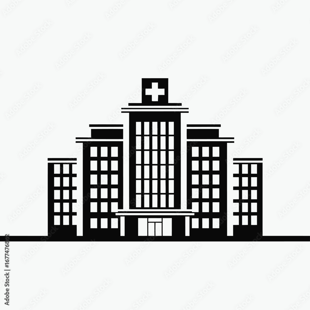 Fototapeta premium Stylized black and white illustration of a hospital building with a cross on top.
