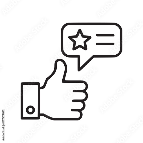 A line drawing showing a thumbs up hand with a speech bubble containing a star and lines inside it