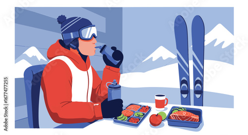 Fueling up for the slopes, a skier enjoys a nutritious and healthy bento box lunch in a mountain lodge