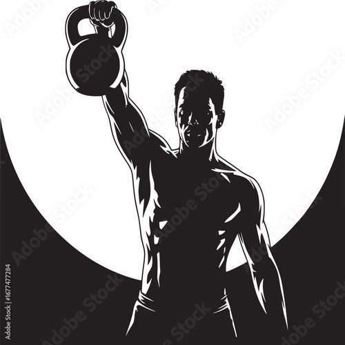 Silhouette of muscular man lifting kettlebell overhead against a black and white background design