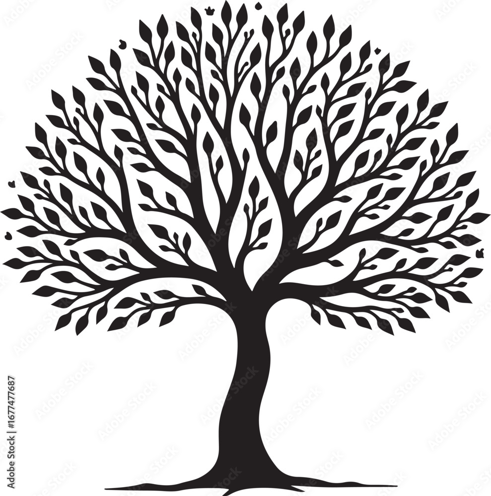 Obraz premium Elegant Tree Silhouette with Leaves – Nature Vector ArtLeafy Tree Silhouette – Black Tree Design ElementStylized Tree with Leaves – Decorative Nature Illustration