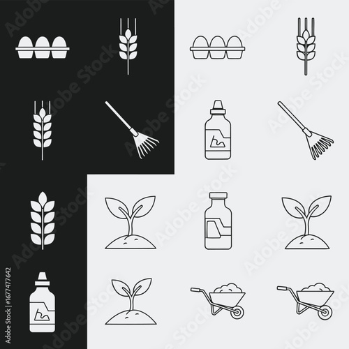Line art illustration of farming elements including eggs, wheat, rake, and seedlings.