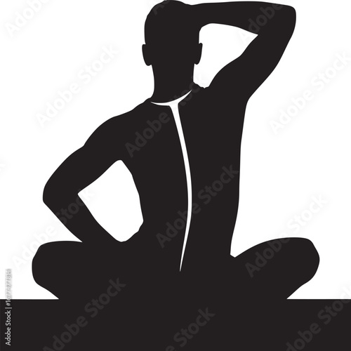 A silhouette of a person in a seated yoga position with one hand behind their head on white background