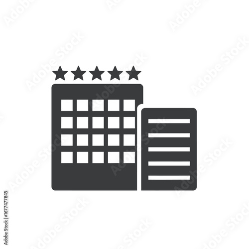 A stylized icon representing a modern hotel building with five stars above it.