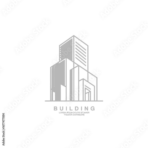 Minimalist line art illustration of a modern building with multiple sections and a prominent entrance, featuring a sleek and geometric design.