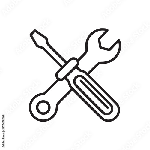 Outline illustration of a screwdriver crossed with a wrench on a plain white background