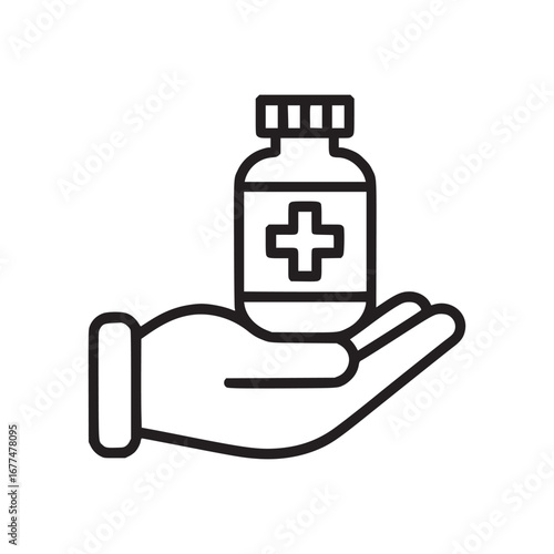 Hand holding a medicine bottle with a cross symbol in a simple black and white line drawing style