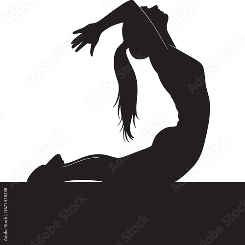 Silhouette of a woman in a yoga pose with arms extended back against a white background image art