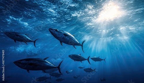 School of tuna swimming in deep ocean sunlight