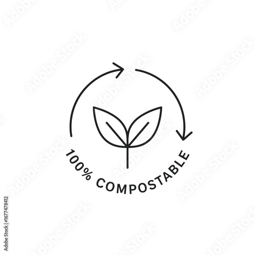 100% Compostable logo with circular arrows and plant.