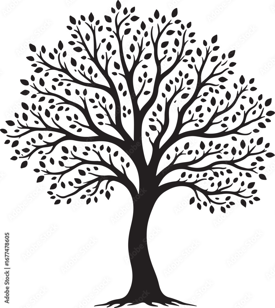Obraz premium Elegant Tree Silhouette with Leaves – Nature Vector ArtLeafy Tree Silhouette – Black Tree Design ElementStylized Tree with Leaves – Decorative Nature Illustration