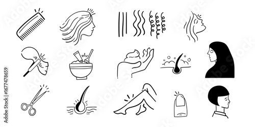 Hair doddle,small cute hair treatment background design ,hair spa card design element collection,hair related ink.
