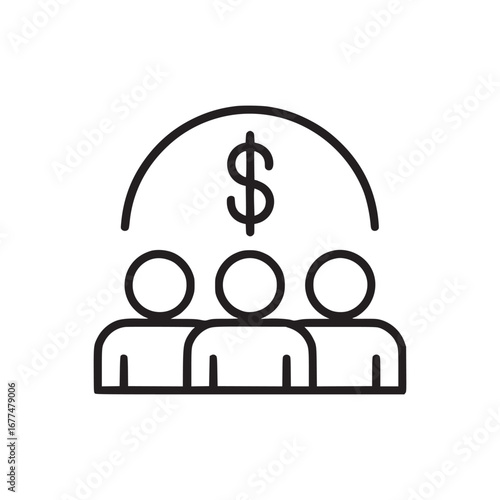 Illustration of three figures under a dollar sign representing financial investment group funding