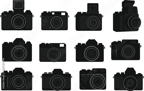 Collection of vintage and modern camera silhouettes, photography equipment icons, digital and film cameras, photo capturing devices, creative photography tools