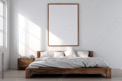 Modern bedroom with blank art frame