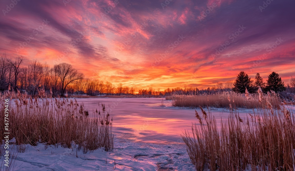 Obraz premium Winter sunset over a frozen lake