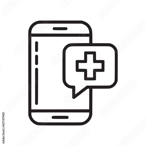 Outline illustration of a smartphone with a medical cross in a speech bubble beside it